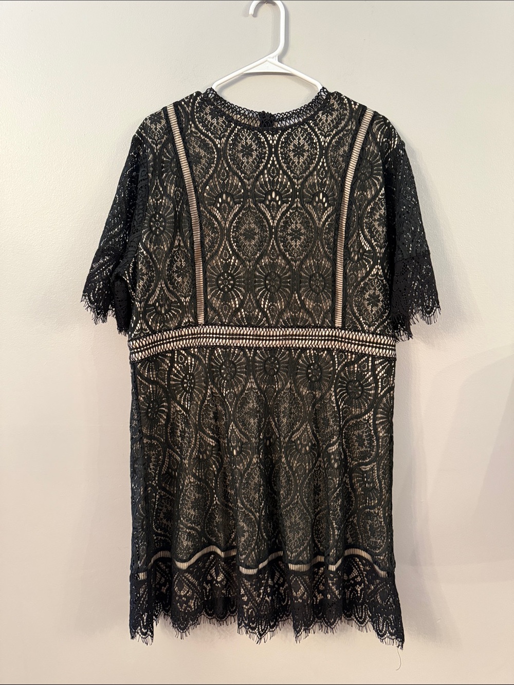 Black Lace Overlay Short Sleeve Knee Length Cocktail Dress